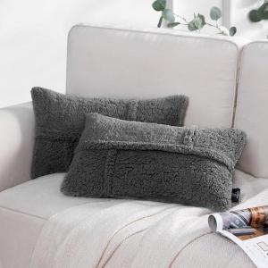 imagePhantoscope Pack of 2 Sherpa Throw Decorative Pillow Cover GeometricPattern Faux Fur Fluffy Cushion Cases Soft Pillow Cases for BedroomCouchNavy Blue 12 x 20 InchesDark Grey