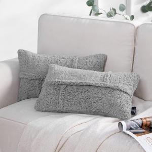 imagePhantoscope Pack of 2 Sherpa Throw Decorative Pillow Cover GeometricPattern Faux Fur Fluffy Cushion Cases Soft Pillow Cases for BedroomCouchNavy Blue 12 x 20 InchesLight Grey
