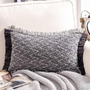 imagePhantoscope Decorative Boho Throw Pillow with Pillow Insert Included Hand Woven Textured Pillow Cover with Fringe Trim Modern Farmhouse Square Cushion Pillow Black 12 x 20 Inches