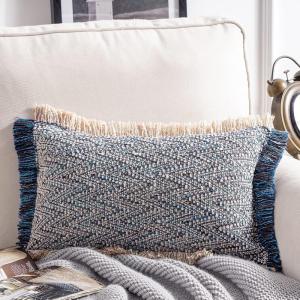 imagePhantoscope Decorative Boho Throw Pillow with Pillow Insert Included Hand Woven Textured Pillow Cover with Fringe Trim Modern Farmhouse Square Cushion Pillow Dark Blue 12 x 20 Inches