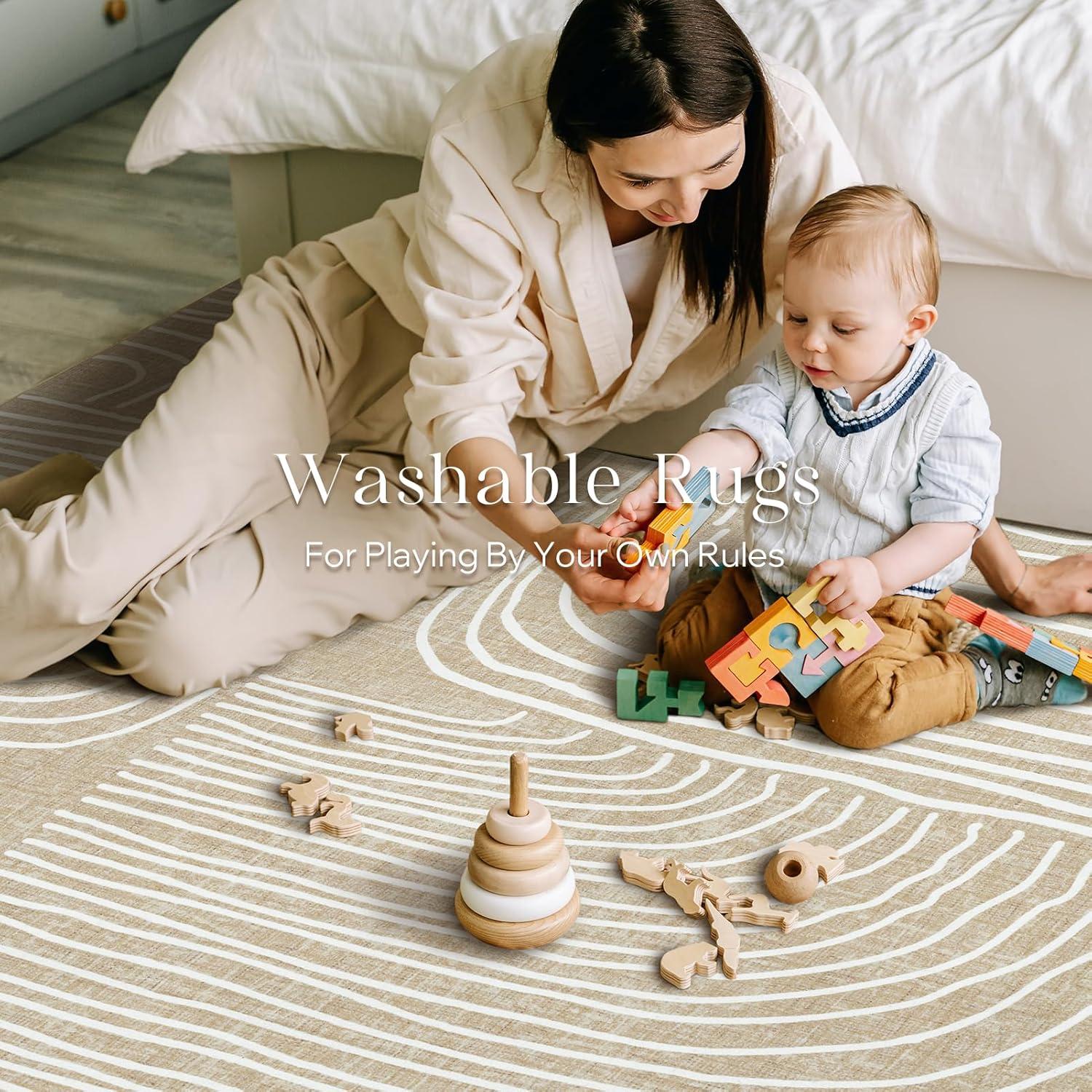 imagePhantoscope Modern Area Rug 9x12  Abstract Tribal Motif Geometric Blocks Pattern Washable NonSlip Rugs for Living Room Bedroom Dining Room Vintage LowPile Floor Carpet Warm TerracottaCreamBeigeIvory Line