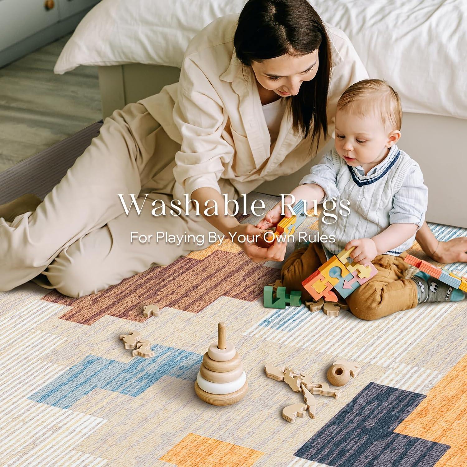 imagePhantoscope Modern Area Rug 9x12  Abstract Tribal Motif Geometric Blocks Pattern Washable NonSlip Rugs for Living Room Bedroom Dining Room Vintage LowPile Floor Carpet Warm TerracottaCreamWarm TerracottaCream