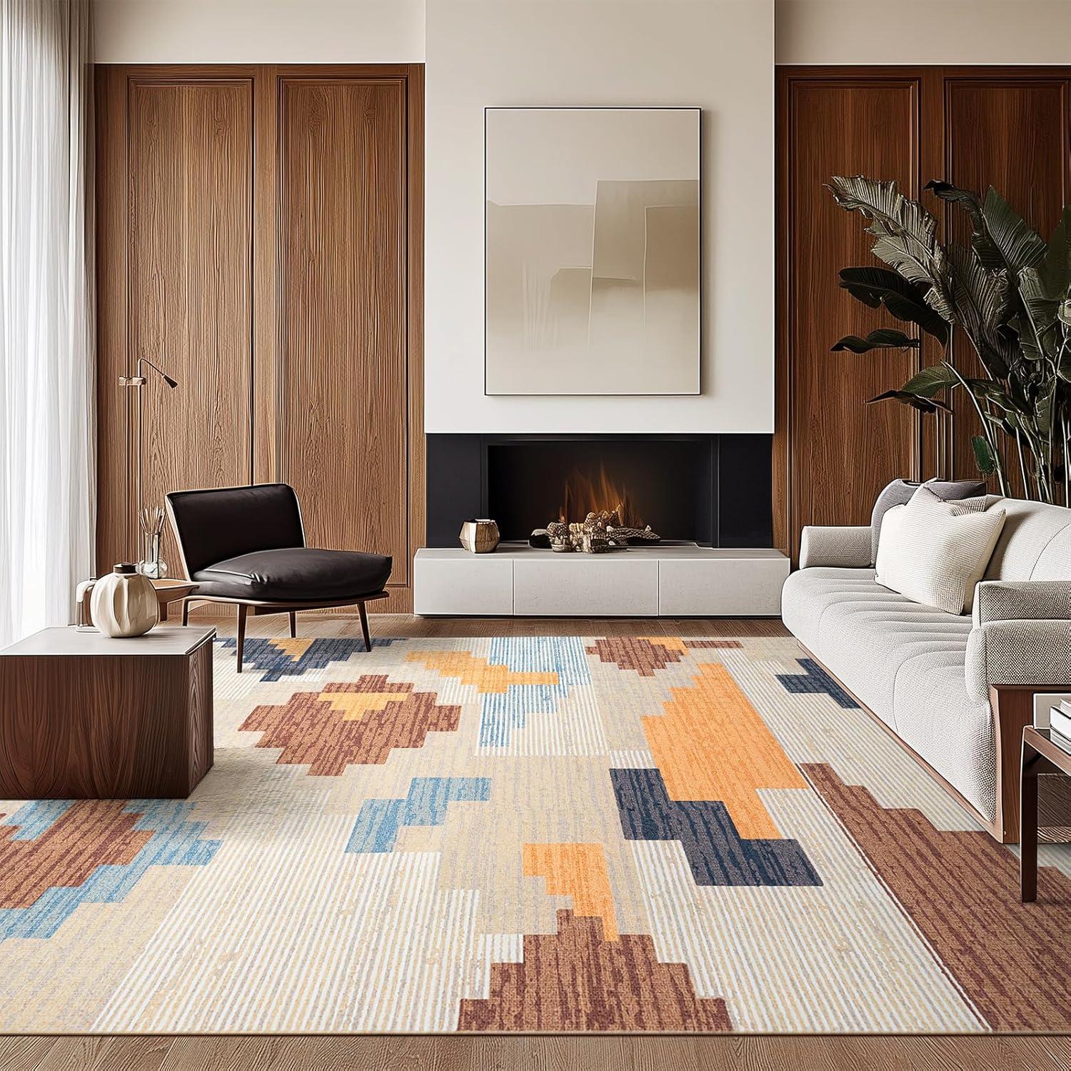 imagePhantoscope Modern Area Rug 9x12  Abstract Tribal Motif Geometric Blocks Pattern Washable NonSlip Rugs for Living Room Bedroom Dining Room Vintage LowPile Floor Carpet Warm TerracottaCreamWarm TerracottaCream