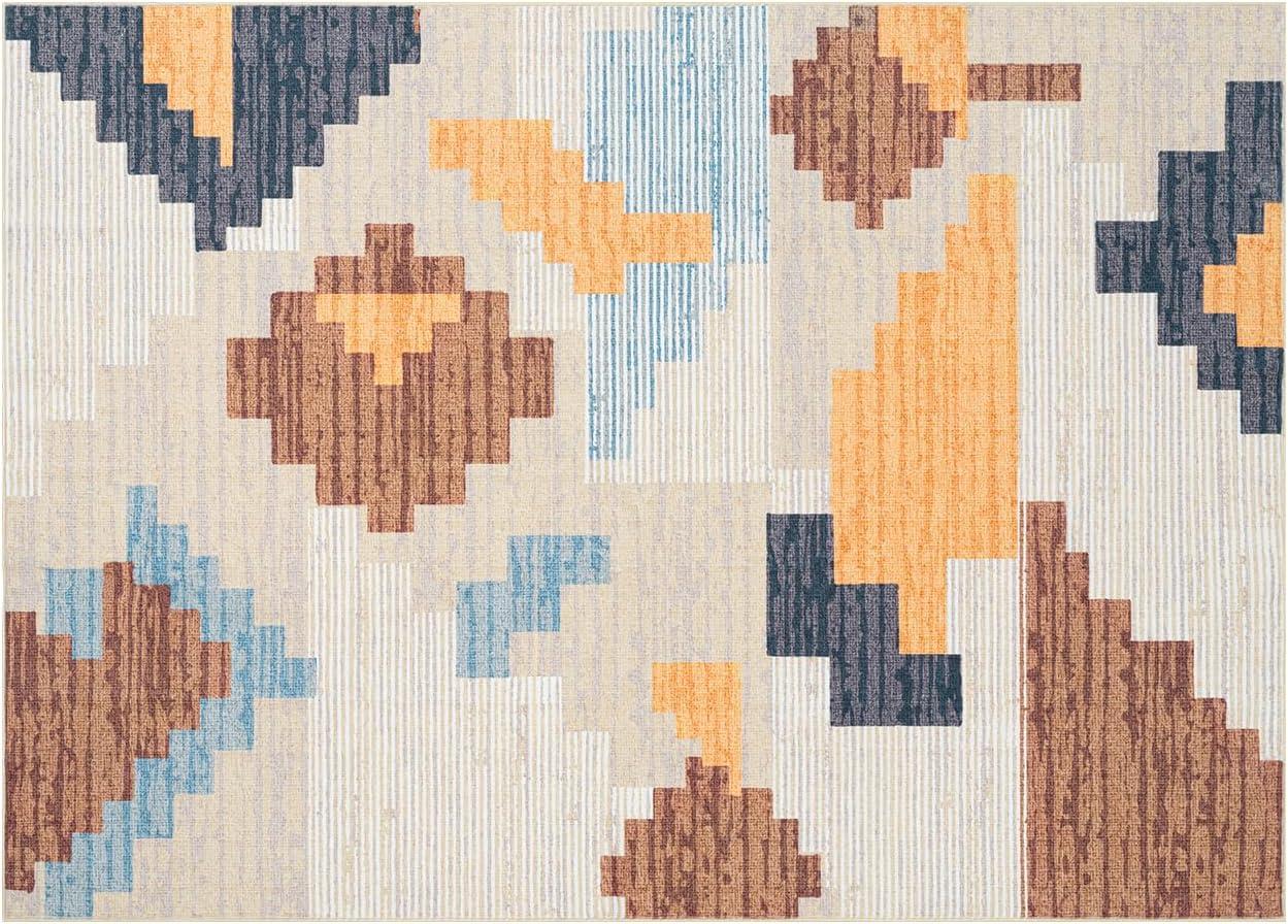 imagePhantoscope Modern Area Rug 9x12  Abstract Tribal Motif Geometric Blocks Pattern Washable NonSlip Rugs for Living Room Bedroom Dining Room Vintage LowPile Floor Carpet Warm TerracottaCreamWarm TerracottaCream