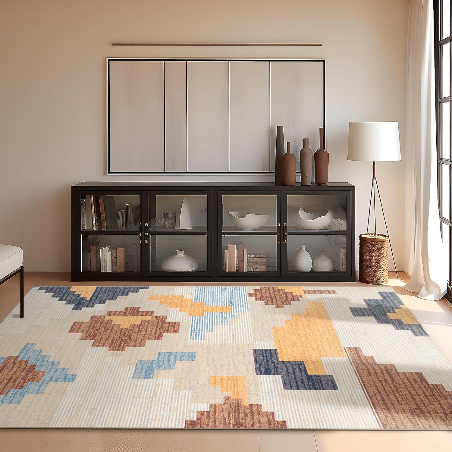 imagePhantoscope Modern Area Rug 9x12  Abstract Tribal Motif Geometric Blocks Pattern Washable NonSlip Rugs for Living Room Bedroom Dining Room Vintage LowPile Floor Carpet Warm TerracottaCreamWarm TerracottaCream