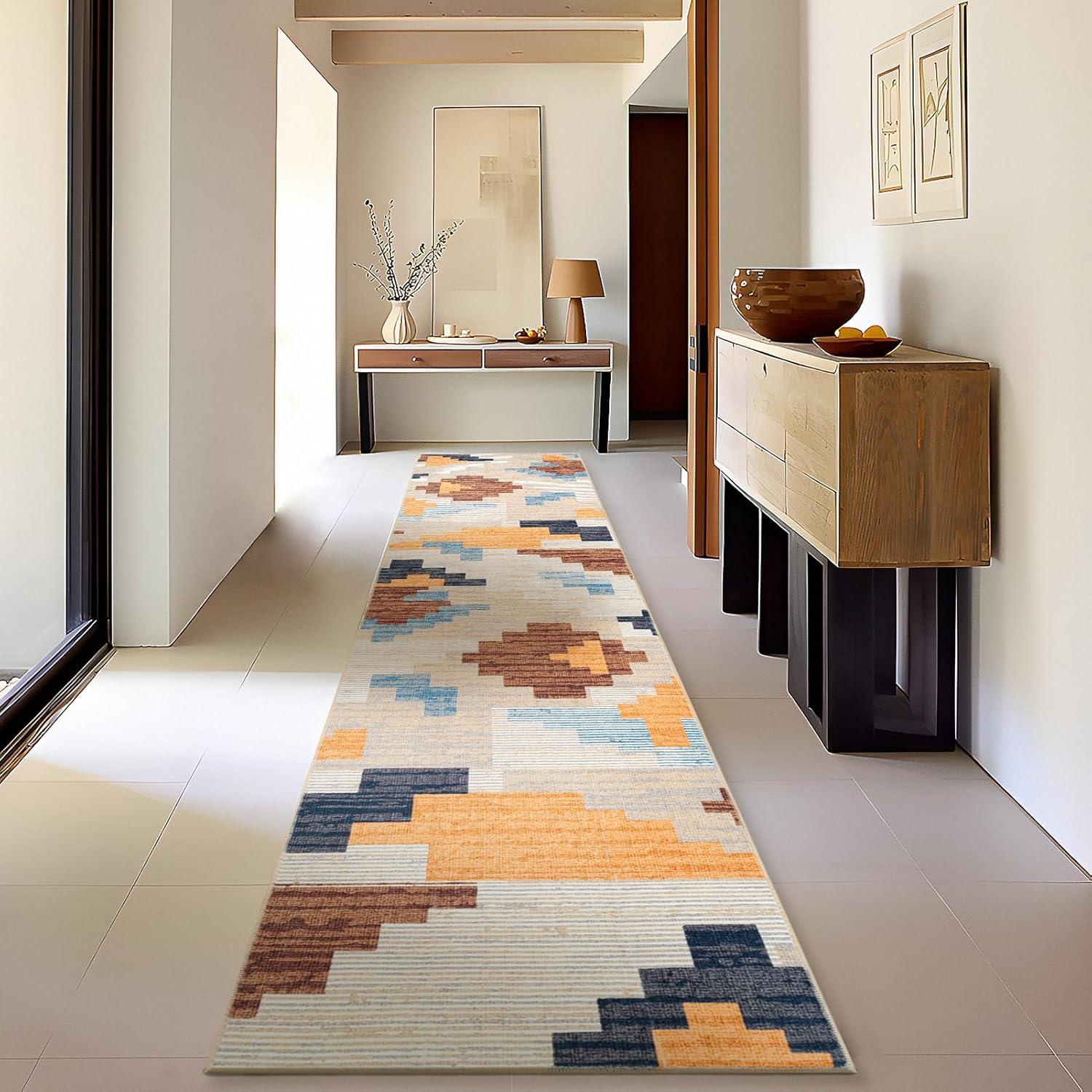 imagePhantoscope Modern Area Rug 9x12  Abstract Tribal Motif Geometric Blocks Pattern Washable NonSlip Rugs for Living Room Bedroom Dining Room Vintage LowPile Floor Carpet Warm TerracottaCreamWarm TerracottaCream