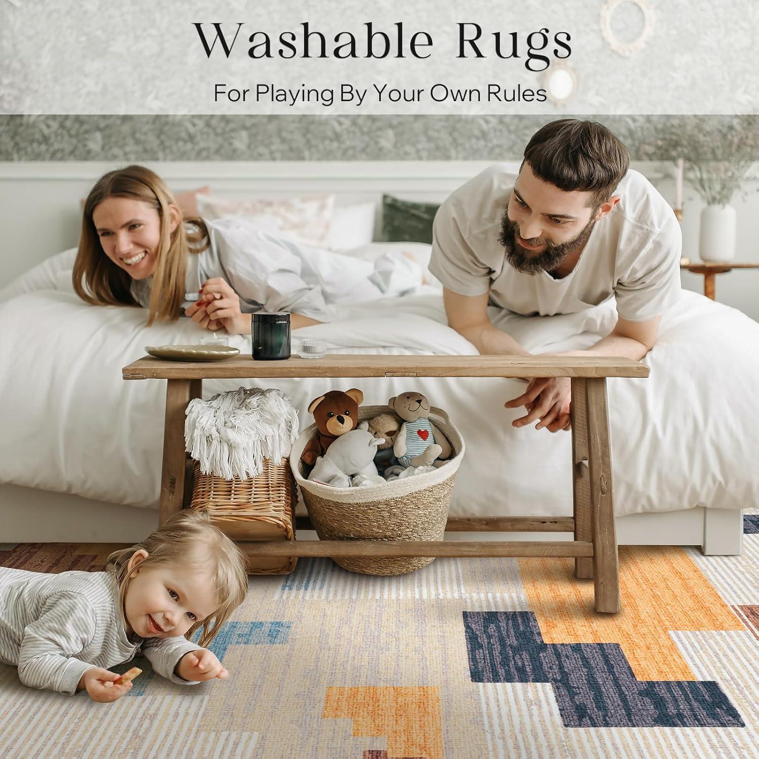 imagePhantoscope Modern Area Rug 9x12  Abstract Tribal Motif Geometric Blocks Pattern Washable NonSlip Rugs for Living Room Bedroom Dining Room Vintage LowPile Floor Carpet Warm TerracottaCreamWarm TerracottaCream