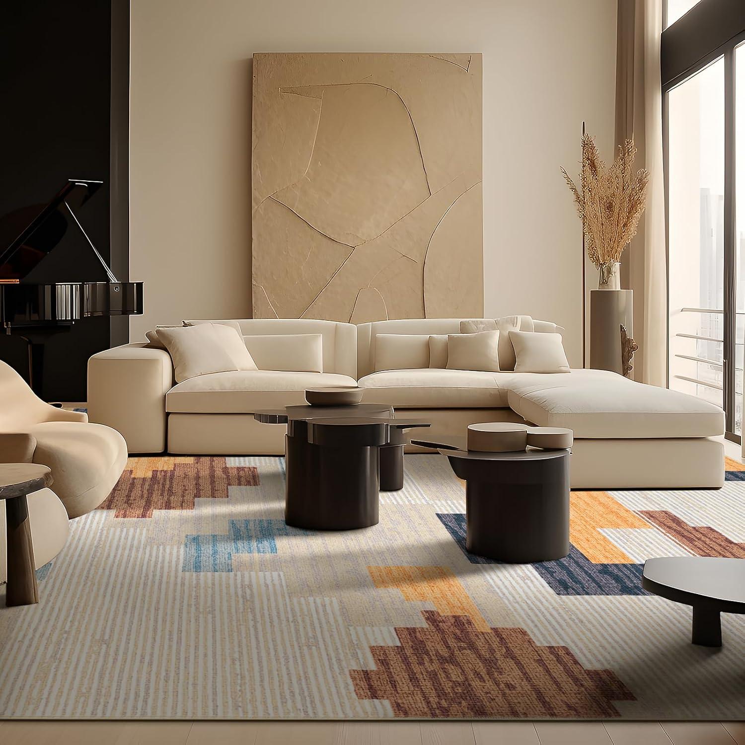 imagePhantoscope Modern Area Rug 9x12  Abstract Tribal Motif Geometric Blocks Pattern Washable NonSlip Rugs for Living Room Bedroom Dining Room Vintage LowPile Floor Carpet Warm TerracottaCreamWarm TerracottaCream