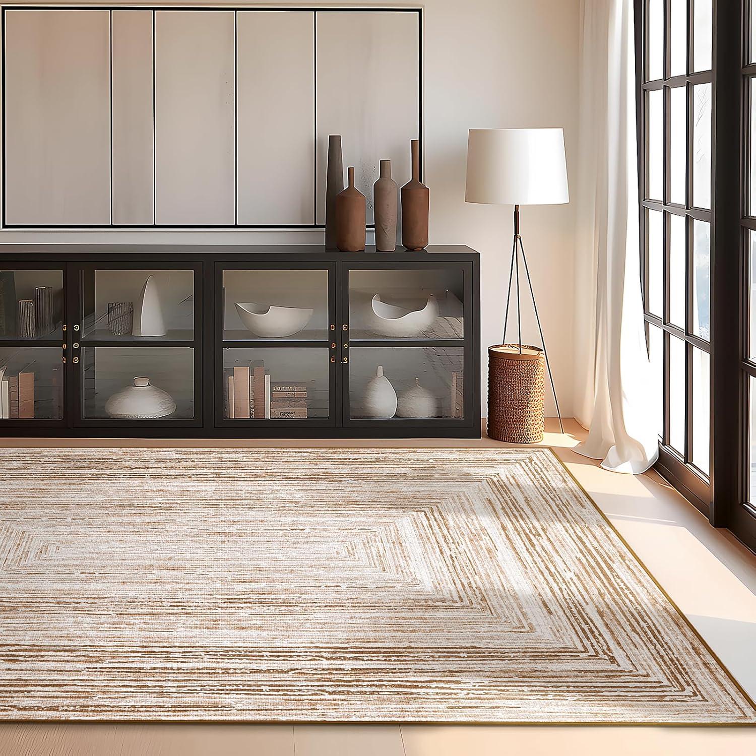 imagePhantoscope Modern Area Rug 9x12  Abstract Tribal Motif Geometric Blocks Pattern Washable NonSlip Rugs for Living Room Bedroom Dining Room Vintage LowPile Floor Carpet Warm TerracottaCreamNeutral BeigeRust