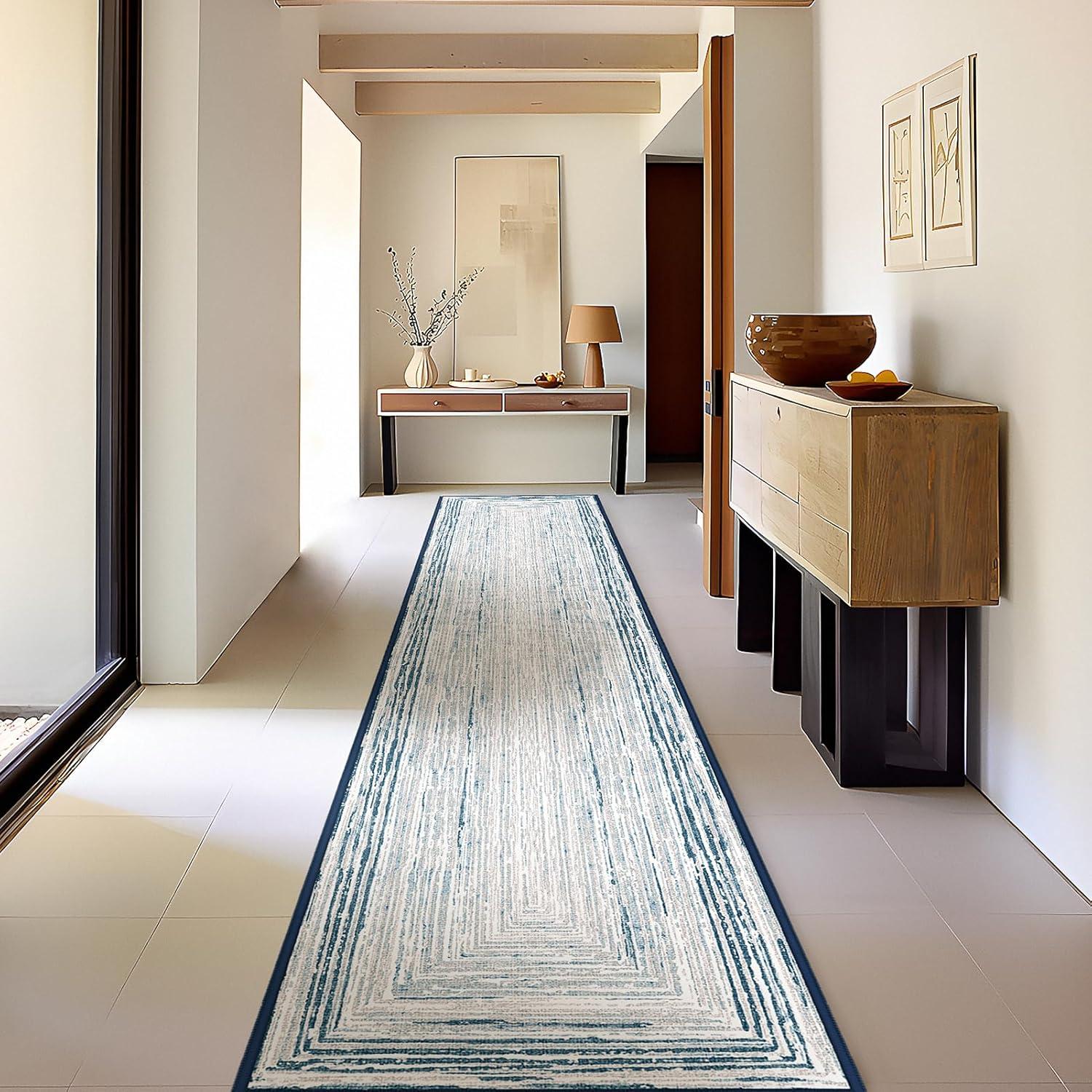 imagePhantoscope Modern Area Rug 9x12  Abstract Tribal Motif Geometric Blocks Pattern Washable NonSlip Rugs for Living Room Bedroom Dining Room Vintage LowPile Floor Carpet Warm TerracottaCreamCoastal BlueGrey