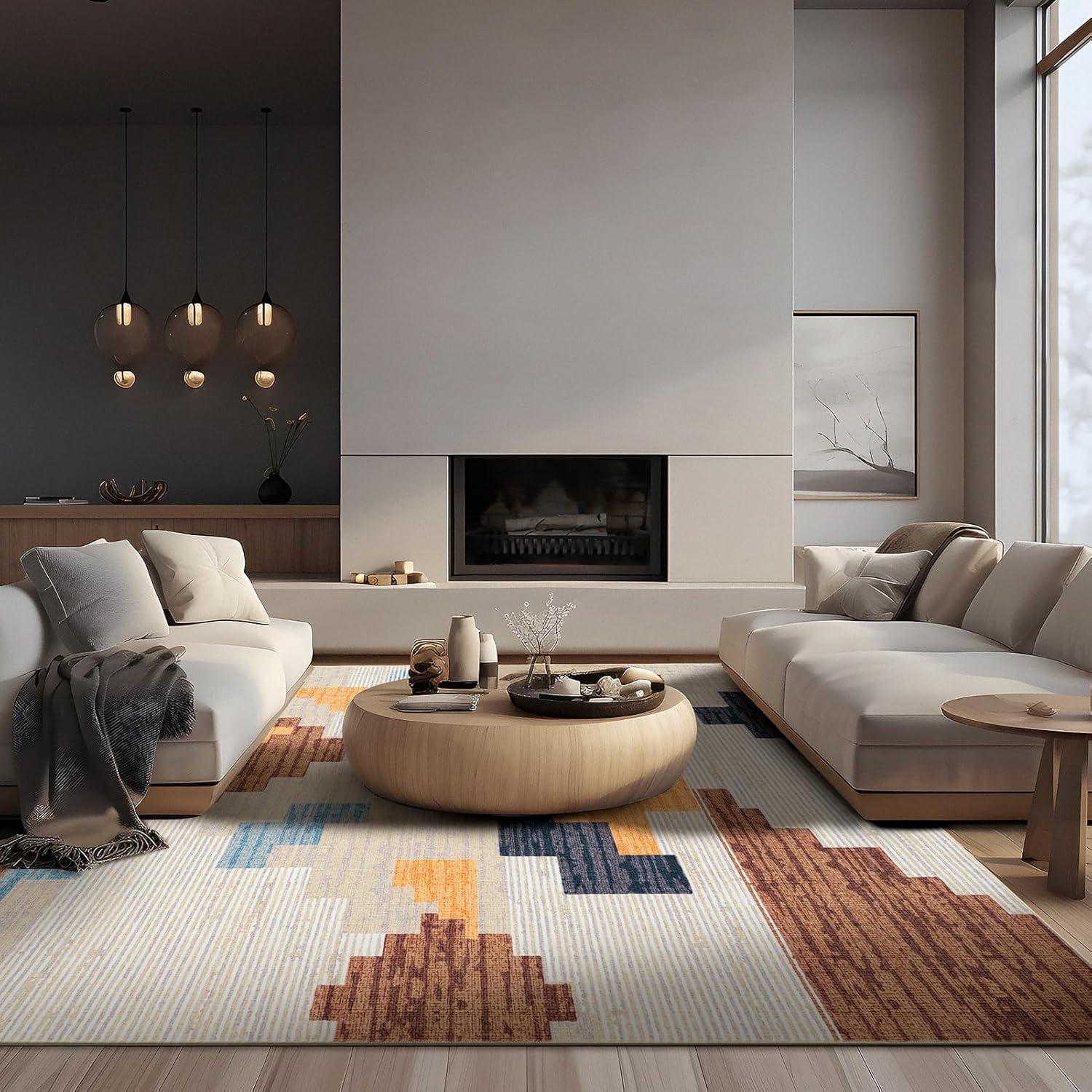 imagePhantoscope Modern Area Rug 9x12  Abstract Tribal Motif Geometric Blocks Pattern Washable NonSlip Rugs for Living Room Bedroom Dining Room Vintage LowPile Floor Carpet Warm TerracottaCreamWarm TerracottaCream