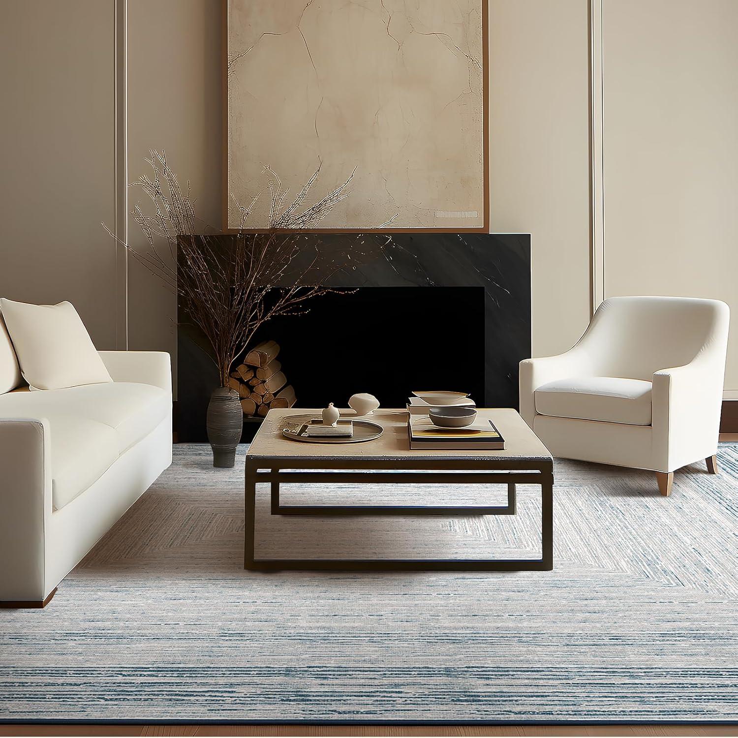 imagePhantoscope Modern Area Rug 9x12  Abstract Tribal Motif Geometric Blocks Pattern Washable NonSlip Rugs for Living Room Bedroom Dining Room Vintage LowPile Floor Carpet Warm TerracottaCreamCoastal BlueGrey