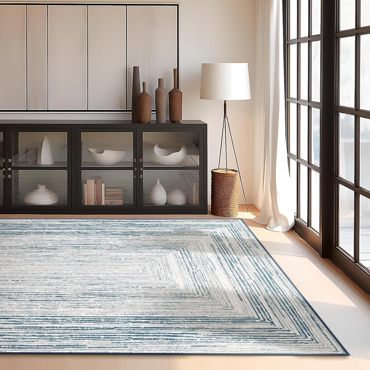 imagePhantoscope Modern Area Rug 9x12  Abstract Tribal Motif Geometric Blocks Pattern Washable NonSlip Rugs for Living Room Bedroom Dining Room Vintage LowPile Floor Carpet Warm TerracottaCreamCoastal BlueGrey