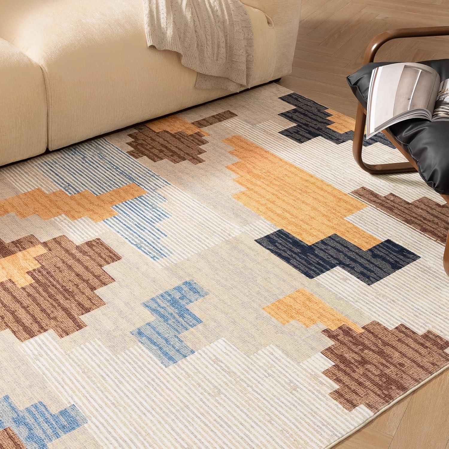 imagePhantoscope Modern Area Rug 9x12  Abstract Tribal Motif Geometric Blocks Pattern Washable NonSlip Rugs for Living Room Bedroom Dining Room Vintage LowPile Floor Carpet Warm TerracottaCreamWarm TerracottaCream