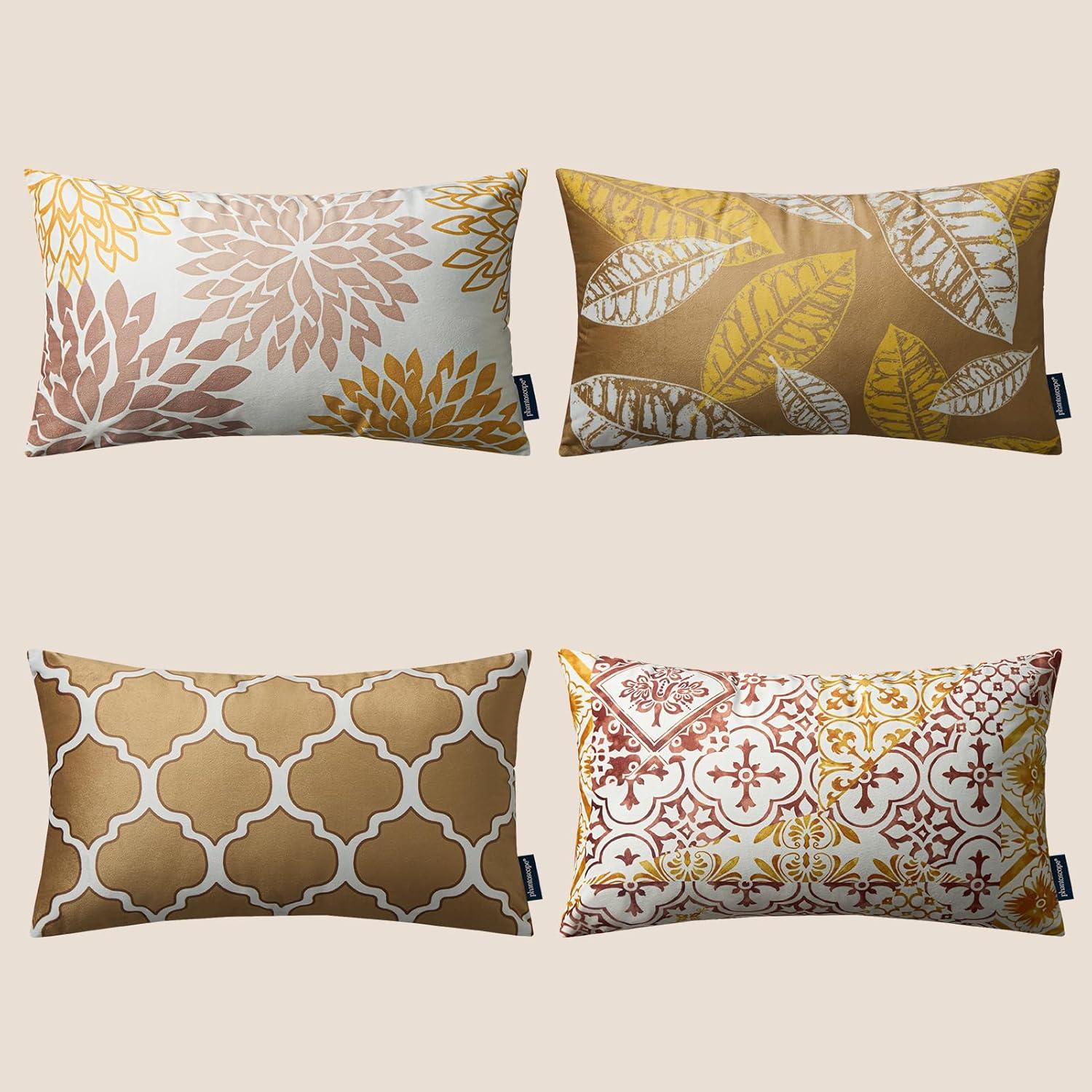 imagePhantoscope Set of 4 New Living Series Leaf Geometric Throw Decorative Velvet Pillow Cover Cushion Cover Christmas Green 18 x 18 inches 45 x 45 cmBeigeGold