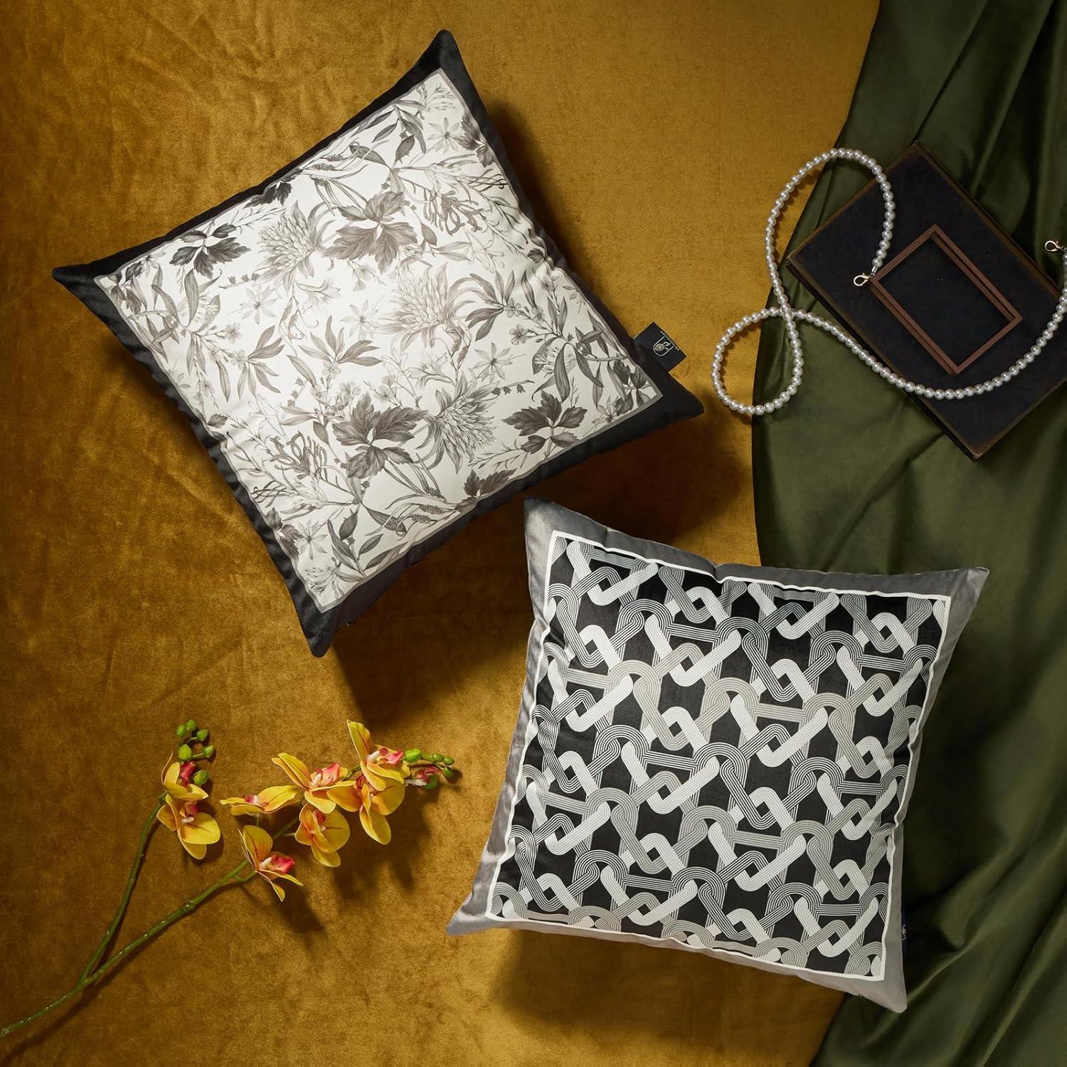 imagePhantoscope Set of 4 New Living Series Leaf Geometric Throw Decorative Velvet Pillow Cover Cushion Cover Christmas Green 18 x 18 inches 45 x 45 cmBlack and Grey