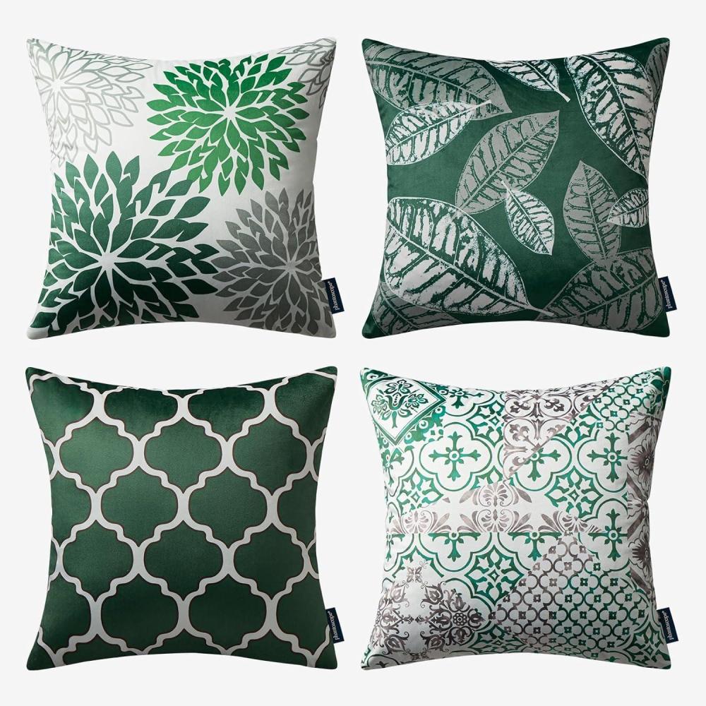 imagePhantoscope Set of 4 New Living Series Leaf Geometric Throw Decorative Velvet Pillow Cover Cushion Cover Christmas Green 18 x 18 inches 45 x 45 cmChristmas Green