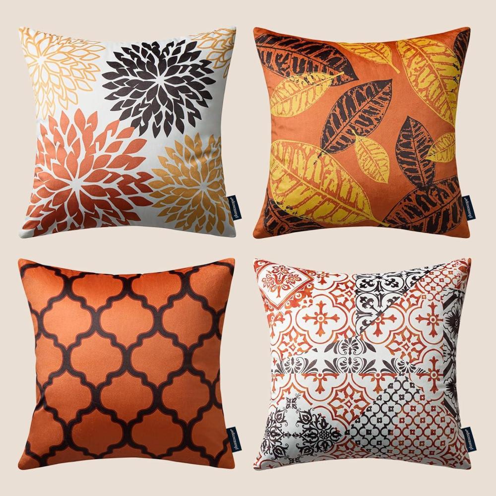 imagePhantoscope Set of 4 New Living Series Leaf Geometric Throw Decorative Velvet Pillow Cover Cushion Cover Christmas Green 18 x 18 inches 45 x 45 cmOrangeBlack