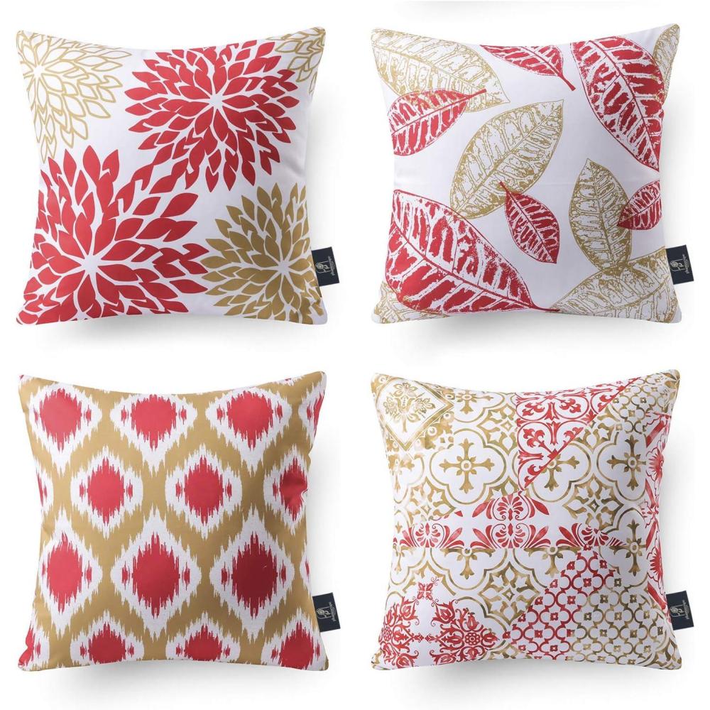 imagePhantoscope Set of 4 New Living Series Leaf Geometric Throw Decorative Velvet Pillow Cover Cushion Cover Christmas Green 18 x 18 inches 45 x 45 cmYellow and Red