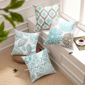 imagePhantoscope Set of 4 New Living Series Leaf Geometric Throw Decorative Velvet Pillow Cover Cushion Cover Christmas Green 18 x 18 inches 45 x 45 cmWater Blue