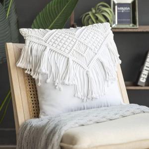 imagePhantoscope 100 Cotton Handmade Crochet Woven Boho Throw Pillow Farmhouse Pillow Insert Included Decorative Cushion for Couch Sofa Off White 18 x 18 inchesPure White
