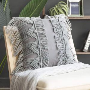 imagePhantoscope 100 Cotton Handmade Crochet Woven Boho Throw Pillow Farmhouse Pillow Insert Included Decorative Cushion for Couch Sofa Off White 18 x 18 inchesGrey