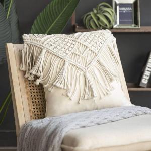 imagePhantoscope 100 Cotton Handmade Crochet Woven Boho Throw Pillow Farmhouse Pillow Insert Included Decorative Cushion for Couch Sofa Off White 18 x 18 inchesBeige