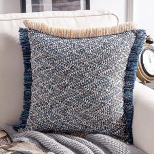 imagePhantoscope Decorative Boho Throw Pillow with Pillow Insert Included Hand Woven Textured Pillow Cover with Fringe Trim Modern Farmhouse Square Cushion Pillow Dark Blue 20 x 20 Inches