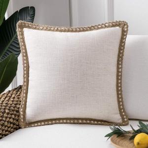 imagePhantoscope Farmhouse Solid Throw Decorative Pillow Cover Burlap Linen Trimmed Tailored Edges Outdoor Pillow Olive Green 1 Pack 18 x 18 inches 45 x 45 cmOff White