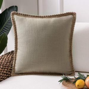 imagePhantoscope Farmhouse Solid Throw Decorative Pillow Cover Burlap Linen Trimmed Tailored Edges Outdoor Pillow Olive Green 1 Pack 18 x 18 inches 45 x 45 cmBeige