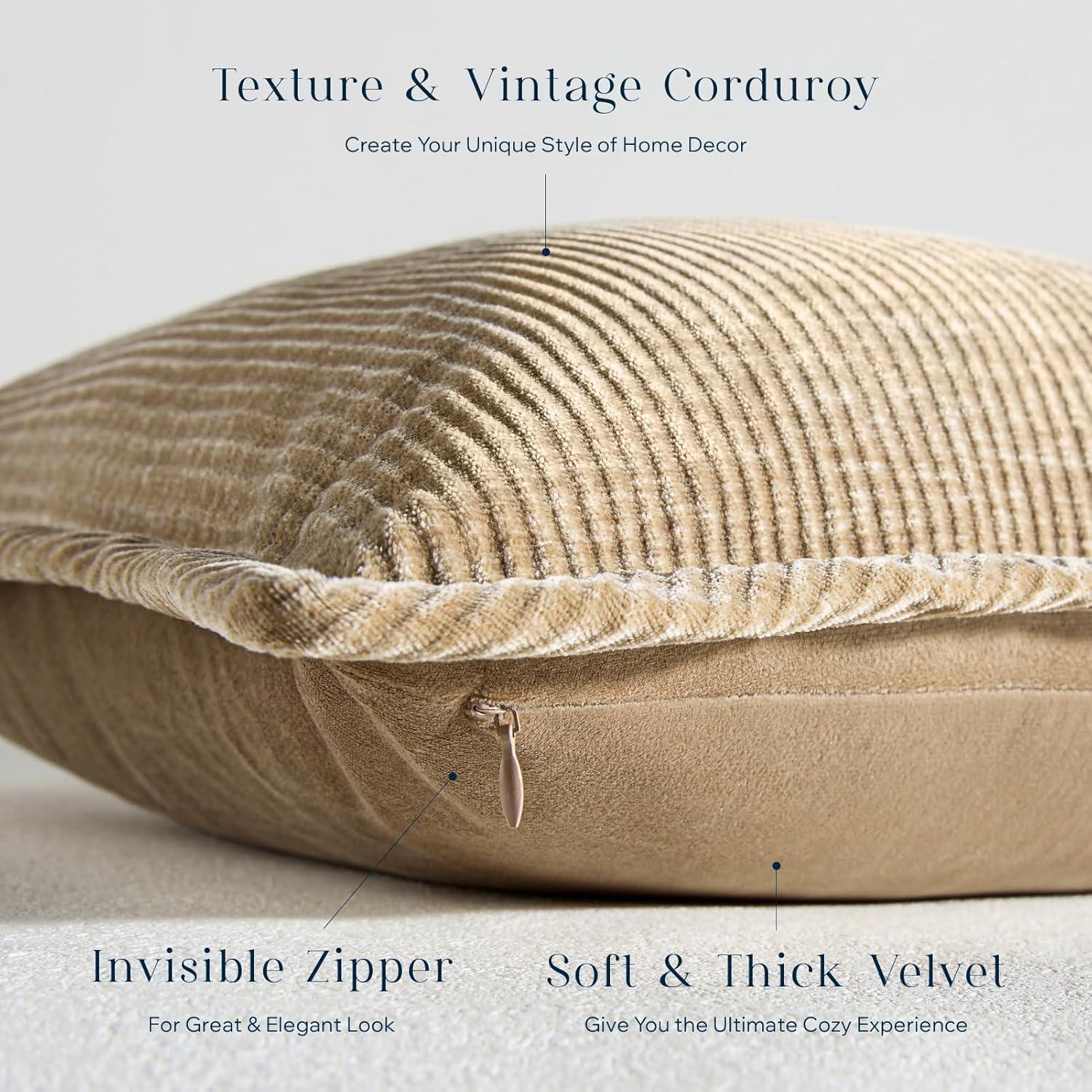 imagePhantoscope Pack of 4 Paris Corduroy Throw Pillow Covers Unique Vintage Twill Edge Decorative Pillows Solid Boho Textured Pillow Covers Fall Broadside Square Cushion Case Light Gray18 x 18 InchBeige