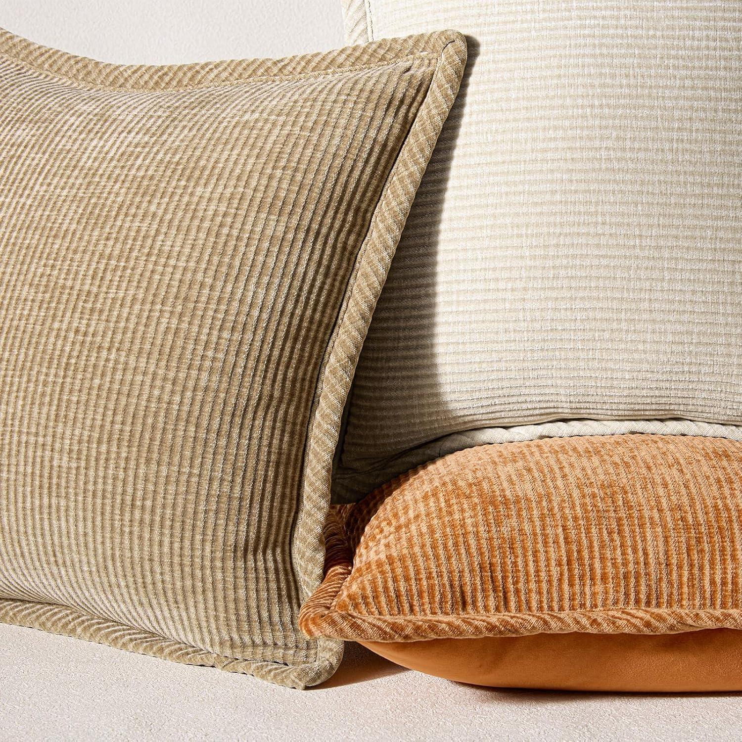 imagePhantoscope Pack of 4 Paris Corduroy Throw Pillow Covers Unique Vintage Twill Edge Decorative Pillows Solid Boho Textured Pillow Covers Fall Broadside Square Cushion Case Light Gray18 x 18 InchBeige