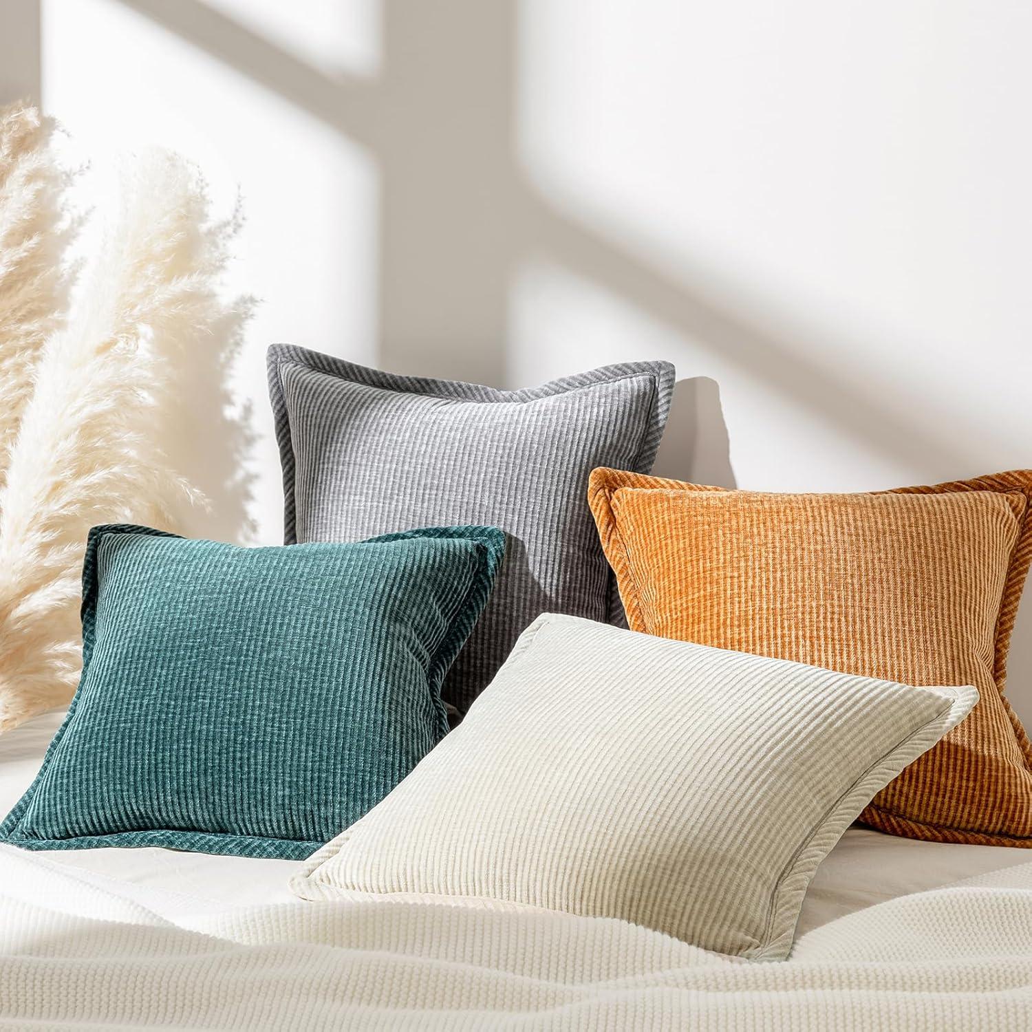 imagePhantoscope Pack of 4 Paris Corduroy Throw Pillow Covers Unique Vintage Twill Edge Decorative Pillows Solid Boho Textured Pillow Covers Fall Broadside Square Cushion Case Light Gray18 x 18 InchLight Grey