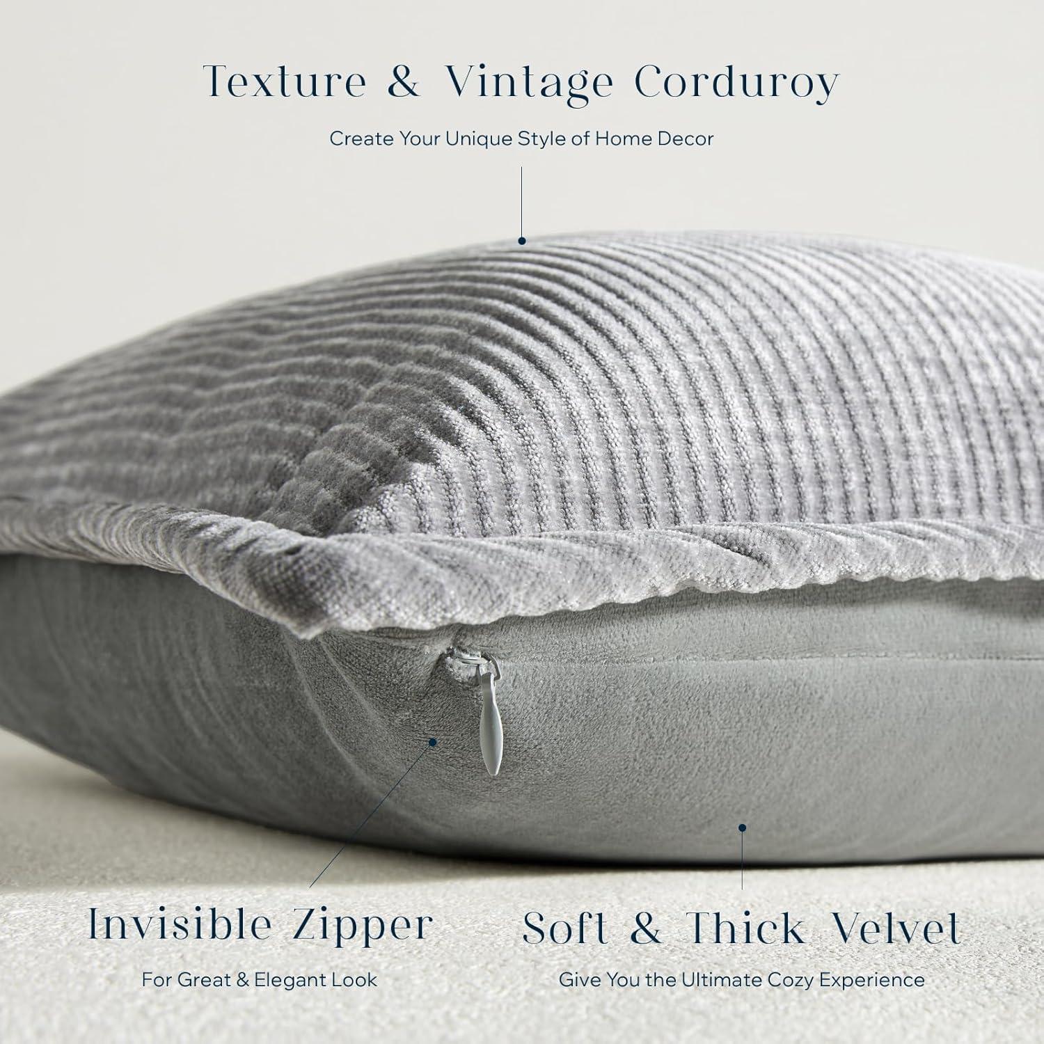 imagePhantoscope Pack of 4 Paris Corduroy Throw Pillow Covers Unique Vintage Twill Edge Decorative Pillows Solid Boho Textured Pillow Covers Fall Broadside Square Cushion Case Light Gray18 x 18 InchLight Grey