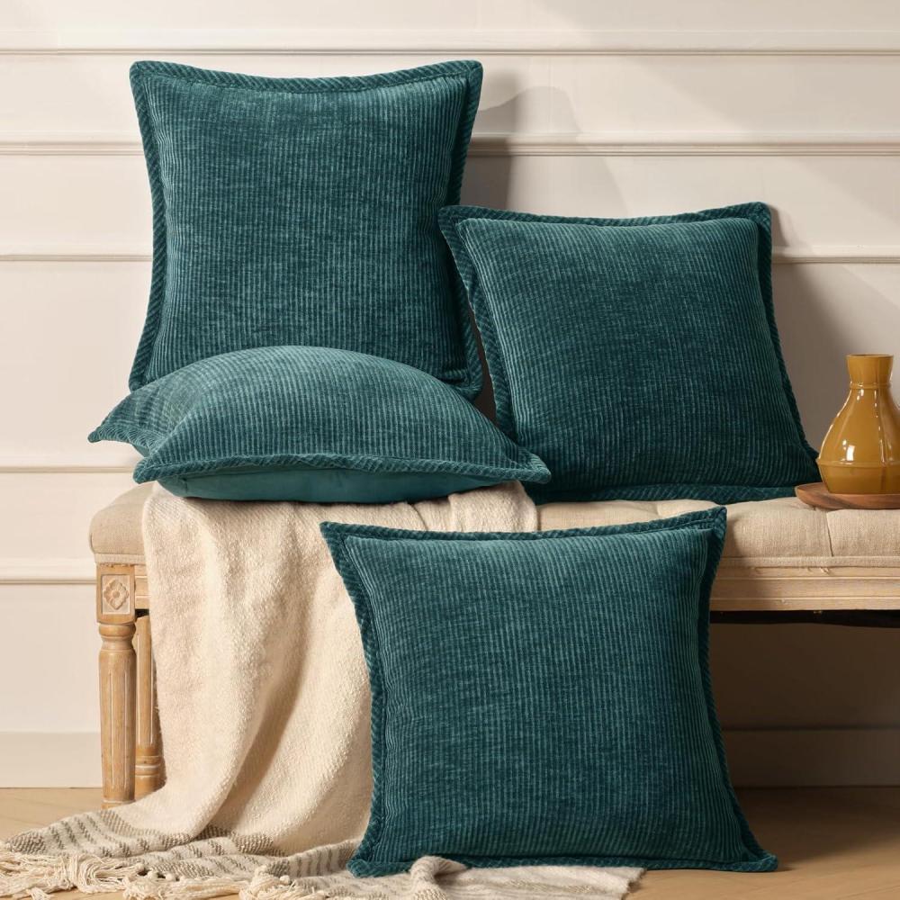 imagePhantoscope Pack of 4 Paris Corduroy Throw Pillow Covers Unique Vintage Twill Edge Decorative Pillows Solid Boho Textured Pillow Covers Fall Broadside Square Cushion Case Light Gray18 x 18 InchBlue