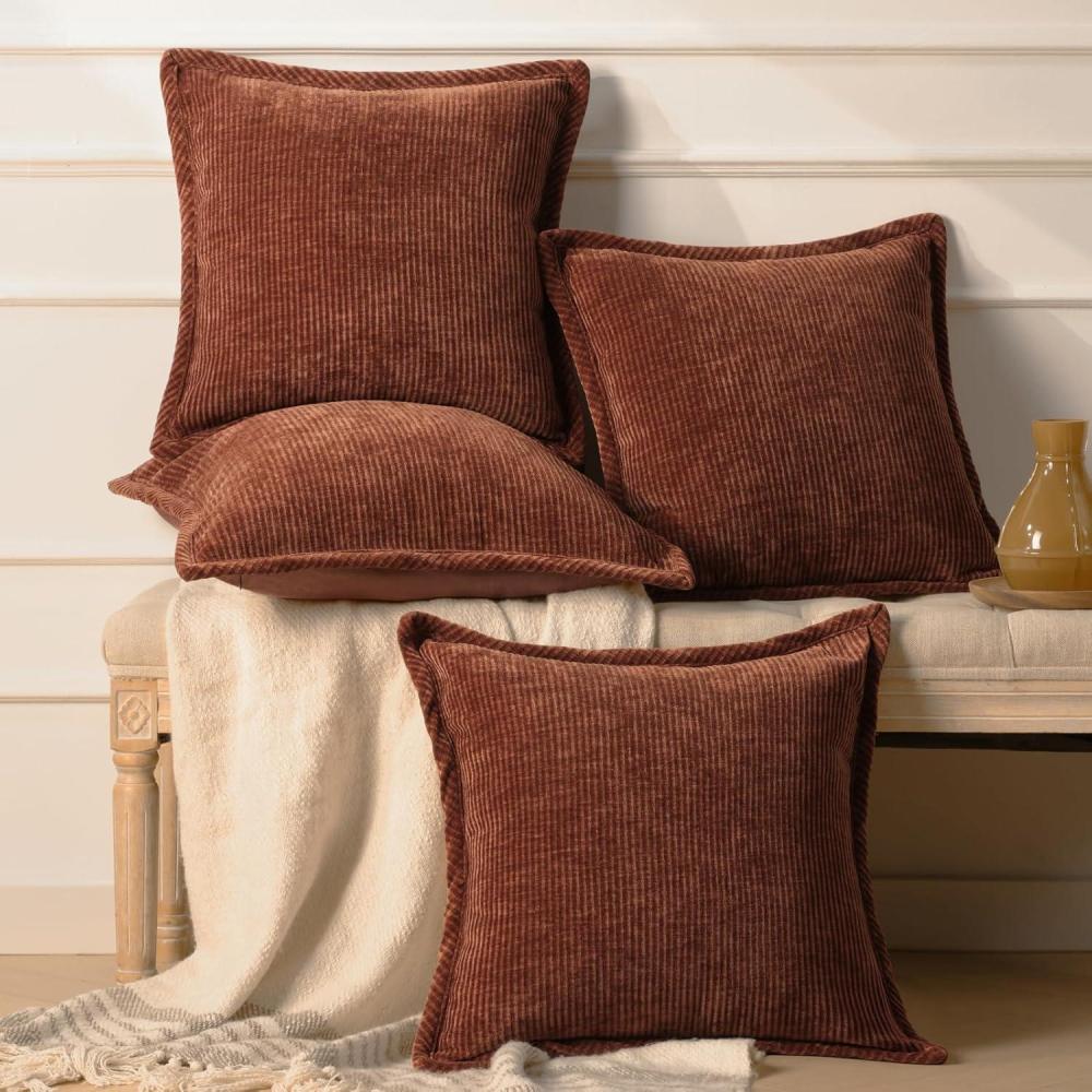 imagePhantoscope Pack of 4 Paris Corduroy Throw Pillow Covers Unique Vintage Twill Edge Decorative Pillows Solid Boho Textured Pillow Covers Fall Broadside Square Cushion Case Light Gray18 x 18 InchBrick Red