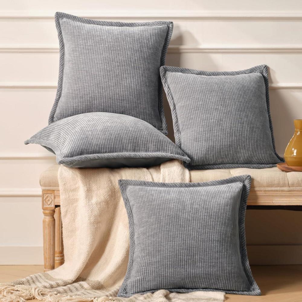 imagePhantoscope Pack of 4 Paris Corduroy Throw Pillow Covers Unique Vintage Twill Edge Decorative Pillows Solid Boho Textured Pillow Covers Fall Broadside Square Cushion Case Light Gray18 x 18 InchLight Grey