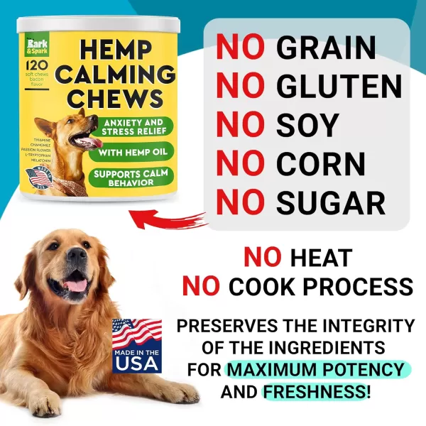 BARKampampSPARK Calming Hemp Treats for Dogs  Made in USA with Hemp Oil  Anxiety Relief  Separation Aid  Stress Relief During Fireworks Storms Thunder  Aggressive Behavior Barking  120 Soft ChewsCalming Hemp Anxiety  Stress