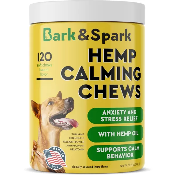 BARKampampSPARK Calming Hemp Treats for Dogs  Made in USA with Hemp Oil  Anxiety Relief  Separation Aid  Stress Relief During Fireworks Storms Thunder  Aggressive Behavior Barking  120 Soft ChewsCalming Hemp Anxiety  Stress