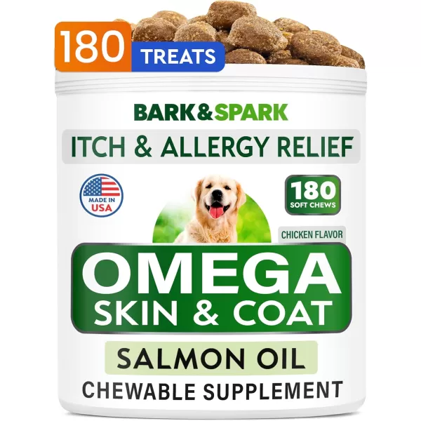 BARKampampSPARK Omega 3 for Dogs  180 Fish Oil Treats for Dog Shedding Skin Allergy Itch Relief Hot Spots Treatment  Joint Health  Skin and Coat Supplement  EPA ampamp DHA Fatty Acids  Salmon OilChicken