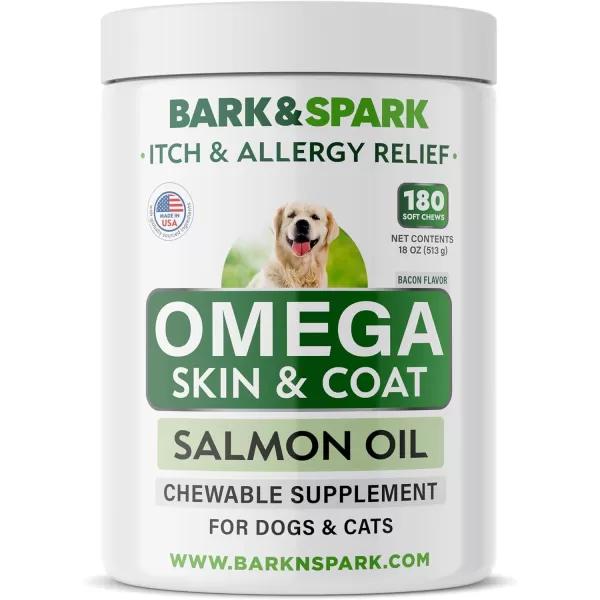 BARKampampSPARK Omega 3 for Dogs  180 Fish Oil Treats for Dog Shedding Skin Allergy Itch Relief Hot Spots Treatment  Joint Health  Skin and Coat Supplement  EPA ampamp DHA Fatty Acids  Salmon OilBacon