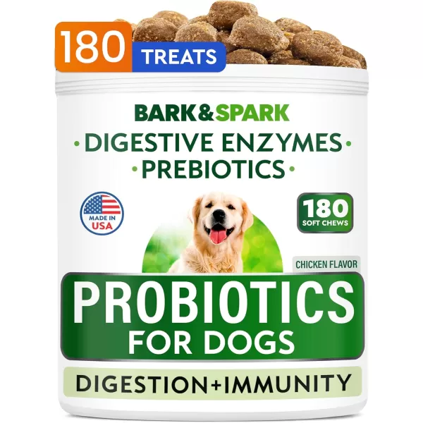 BarkampampSpark Dog Probiotics ampamp Digestive Enzymes Gut Health Allergy ampamp Itchy Skin  Pet Diarrhea Gas Treatment Upset Stomach Relief Digestion Health Prebiotic Supplement Tummy Treat 180Ct ChickenChicken