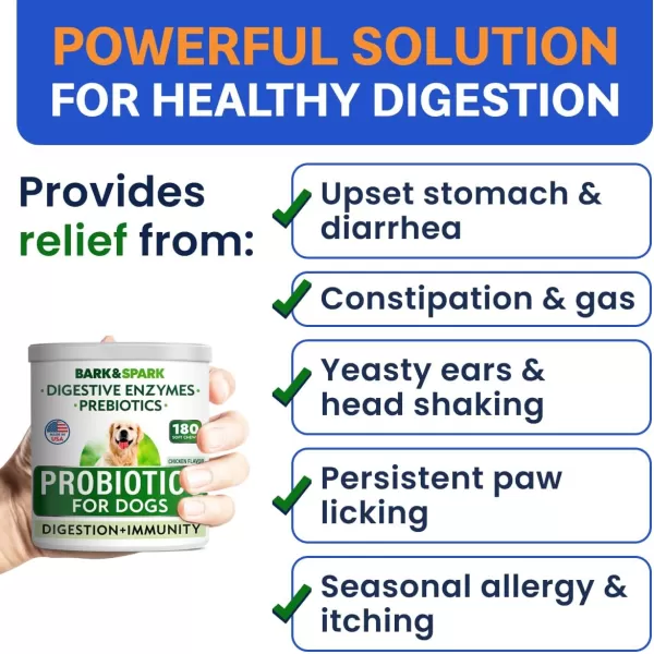 BarkampampSpark Dog Probiotics ampamp Digestive Enzymes Gut Health Allergy ampamp Itchy Skin  Pet Diarrhea Gas Treatment Upset Stomach Relief Digestion Health Prebiotic Supplement Tummy Treat 180Ct ChickenChicken