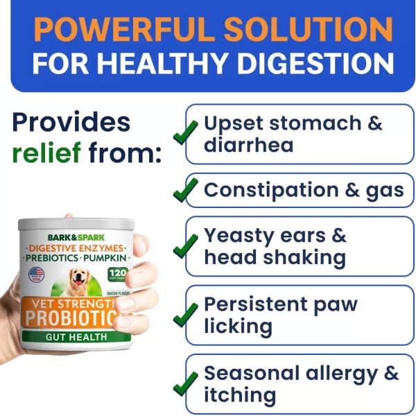 BarkampampSpark Dog Probiotics ampamp Digestive Enzymes Gut Health Allergy ampamp Itchy Skin  Pet Diarrhea Gas Treatment Upset Stomach Relief Digestion Health Prebiotic Supplement Tummy Treat 180Ct ChickenVet Strength  Bacon