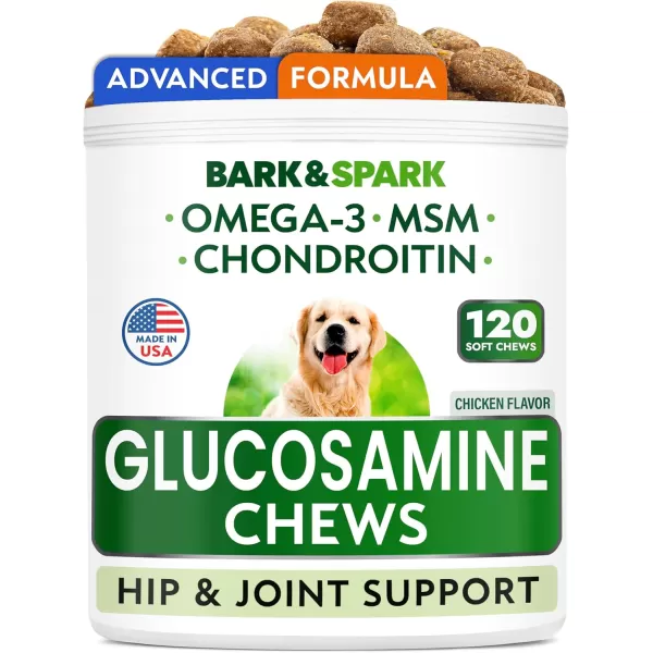 BarkampampSpark Glucosamine Chondroitin Dog Hip ampamp Joint Supplement  Joint Pain Relief  Hip ampamp Joint Chews  Joint Support Large Small Breed  Senior Doggie Vitamin Pill Joint Health 180 Treats  ChickenChicken