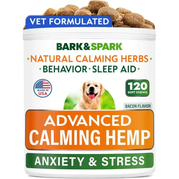 BARKampampSPARK Calming Hemp Treats for Dogs  Made in USA with Hemp Oil  Anxiety Relief  Separation Aid  Stress Relief During Fireworks Storms Thunder  Aggressive Behavior Barking  120 Soft ChewsCalming Hemp Anxiety  Stress