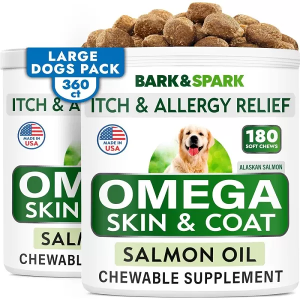 BARKampampSPARK Omega 3 for Dogs  180 Fish Oil Treats for Dog Shedding Skin Allergy Itch Relief Hot Spots Treatment  Joint Health  Skin and Coat Supplement  EPA ampamp DHA Fatty Acids  Salmon OilAlaskan Salmon