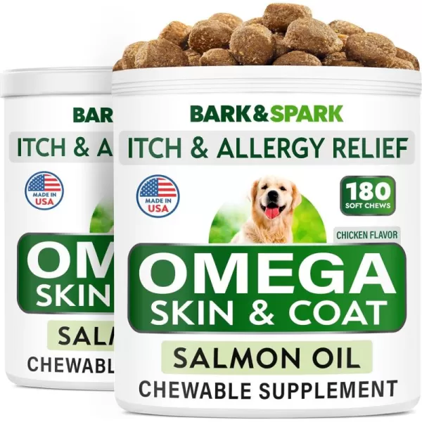 BARKampampSPARK Omega 3 for Dogs  180 Fish Oil Treats for Dog Shedding Skin Allergy Itch Relief Hot Spots Treatment  Joint Health  Skin and Coat Supplement  EPA ampamp DHA Fatty Acids  Salmon OilChicken