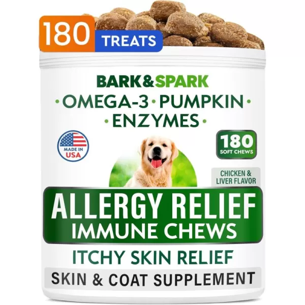 BARKampampSPARK Omega 3 for Dogs  180 Fish Oil Treats for Dog Shedding Skin Allergy Itch Relief Hot Spots Treatment  Joint Health  Skin and Coat Supplement  EPA ampamp DHA Fatty Acids  Salmon OilChicken Liver