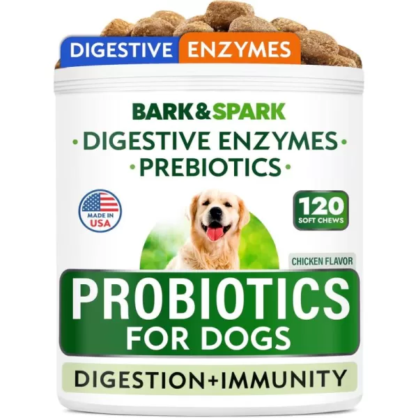 BarkampampSpark Dog Probiotics ampamp Digestive Enzymes Gut Health Allergy ampamp Itchy Skin  Pet Diarrhea Gas Treatment Upset Stomach Relief Digestion Health Prebiotic Supplement Tummy Treat 180Ct ChickenChicken